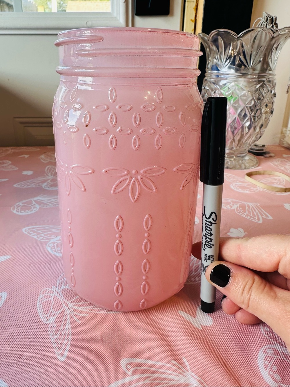 Mauve Pink Embossed Glass Mason Jar Vase